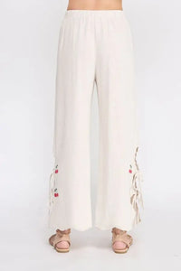 White linen elastic waist embroidered pants with cherry embroidery suitable for casual wear