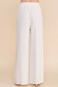 White wide-leg Striped Linen Smock Waist Pants with textured ribbed fabric pattern