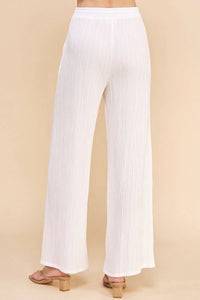 White wide-leg pants with elastic waistband in Textured Woven Adjustable Tie Waist design