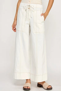White Twill Pull-On Wide Leg Pants with Drawstring Waist and Pockets