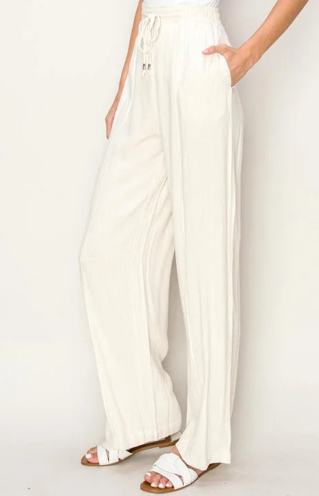 White Woven Textured Wide Leg Pants with Drawstring Waist and Pockets