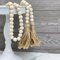 White Wooden Bead Garland with Jute Tassels for Rustic Country Boho Decorations