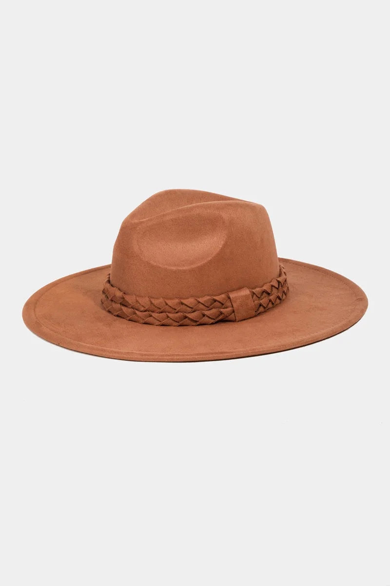 Wide-brimmed fedora hat with double rope braid band around the crown