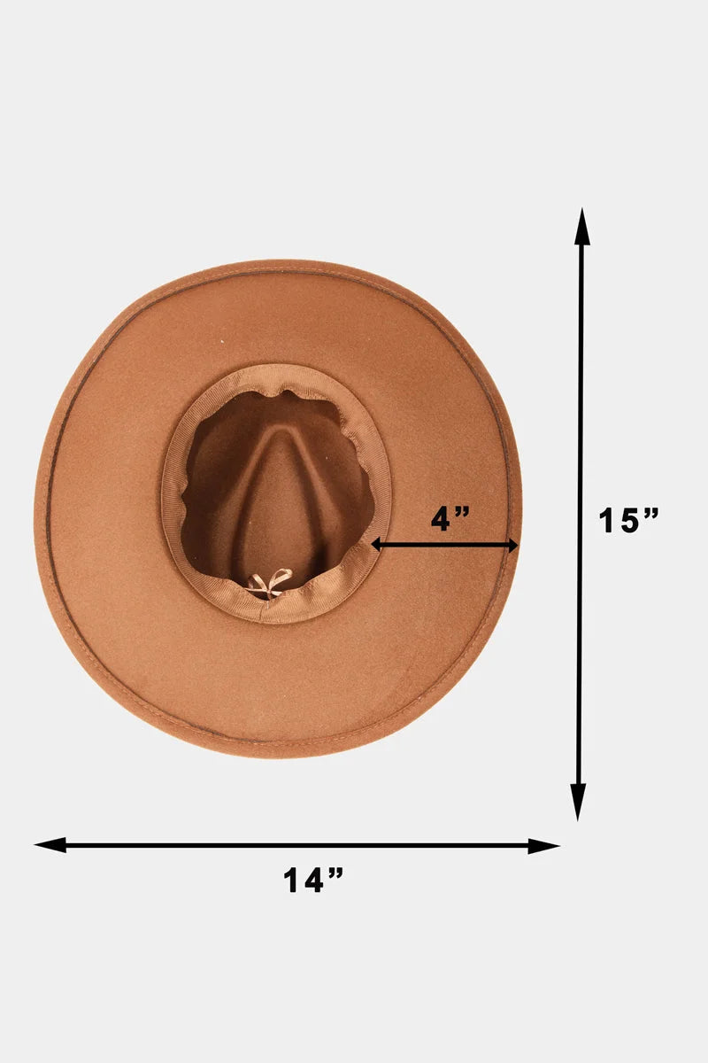 Wide-brimmed tan cowboy hat with concho shell band and measurements displayed