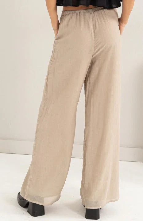 Wide-leg beige trousers with elastic waistband from HIGH RISE LINEN BLEND WIDE LEG PANTS