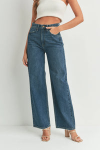 Wide-leg blue high waisted skater jeans showcasing a trendy and stylish look