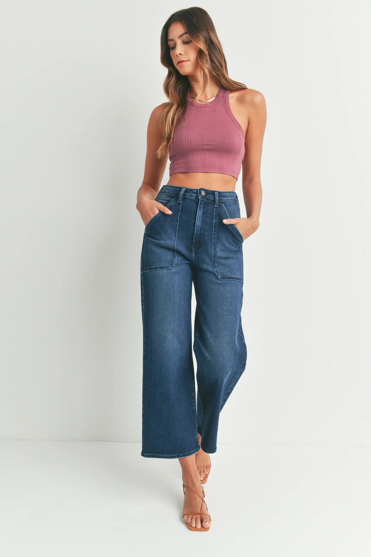 Wide-leg cropped denim jeans with mauve crop top from Shop Daisy, women’s boho chic clothing