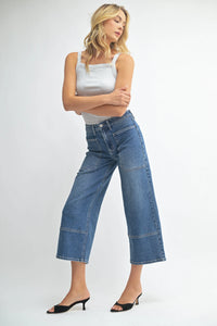 High rise cropped wide leg denim jeans in dark wash with distressed details