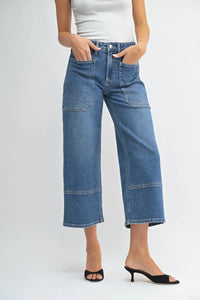 High rise cropped wide leg denim jeans in light blue with patch pockets