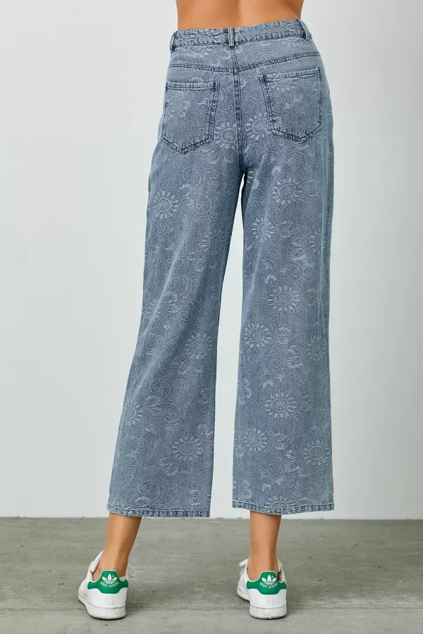 Wide-leg cropped PAISLEY DENIM PANTS in faded floral for a boho, free spirit style