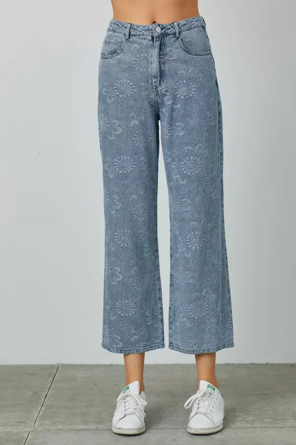 Wide-leg cropped PAISLEY DENIM PANTS featuring a floral print for a boho, free spirit style