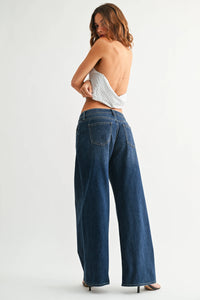 Stretch mid rise palazzo denim jeans in dark blue wash