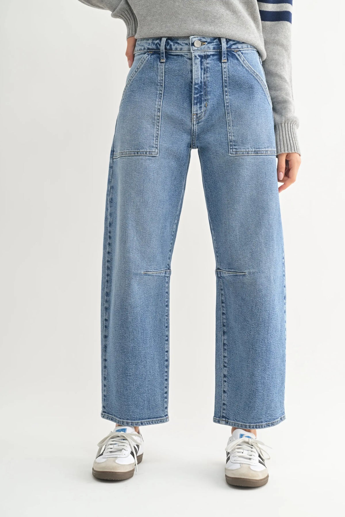 Wide-leg Utility Seamed Barrel Jean showcasing modern denim fashion and comfort