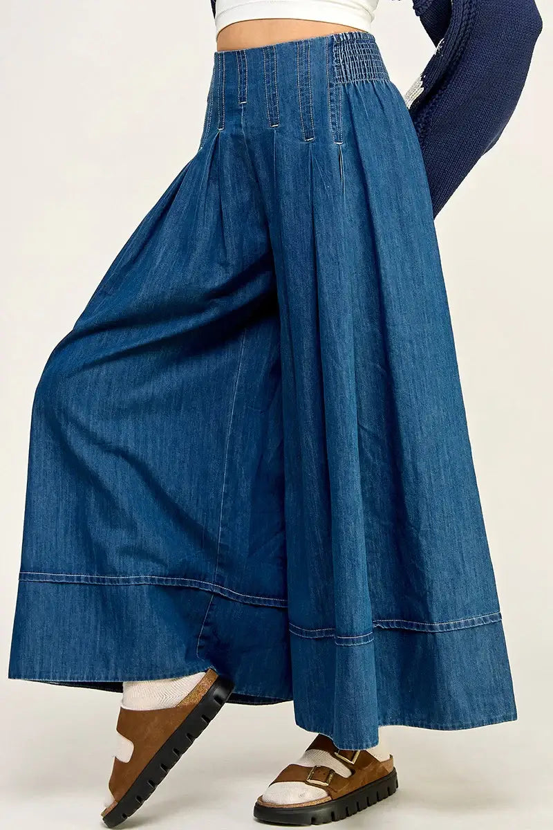 Wide leg denim pants in denim fabric, perfect for women’s boho chic clothing style