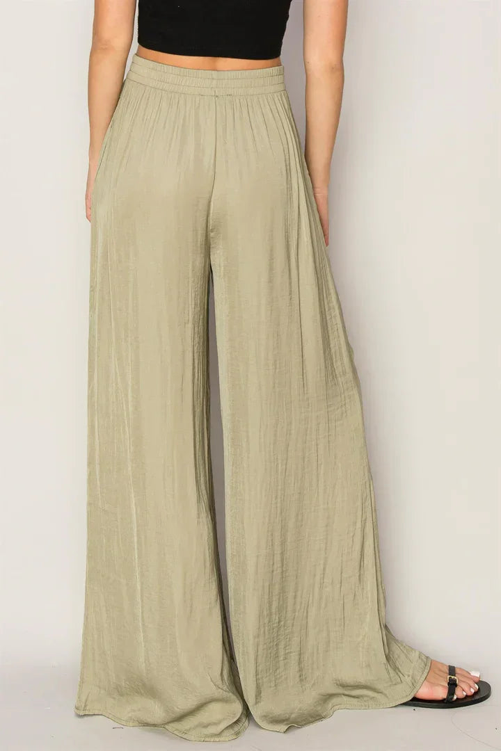 Flowy Washed Satin Wide-Leg Pants in light beige, perfect for boho style outfits