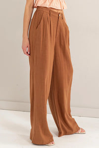 Wide-leg high-waisted linen blend pants in warm caramel color for boho style