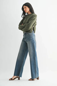 Tall scissor cut high-rise wide-leg denim jeans with button fly