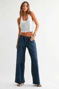 Stretch mid rise palazzo denim wide-leg jeans in dark wash