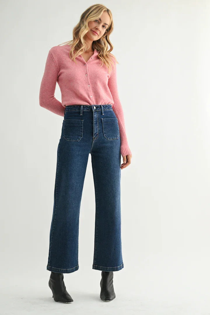 High-waist wide leg denim jeans with patch pockets and button fly in dark blue