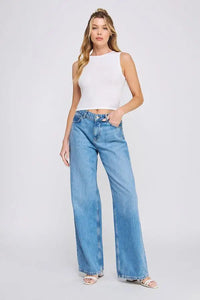 Wide-leg light wash denim jeans and sleeveless soft scallop edges crop top for women’s boho chic clothing