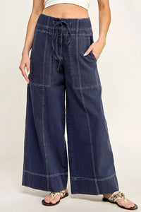 Wide leg navy blue cotton twill pull-on pants with contrast stitching and drawstring waist