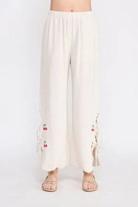 Wide-leg linen elastic waist embroidered pants with cherry embroidery and tie details