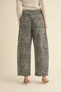 Wide-leg Leopard Print Barrel Pants in a stylish black and white pattern