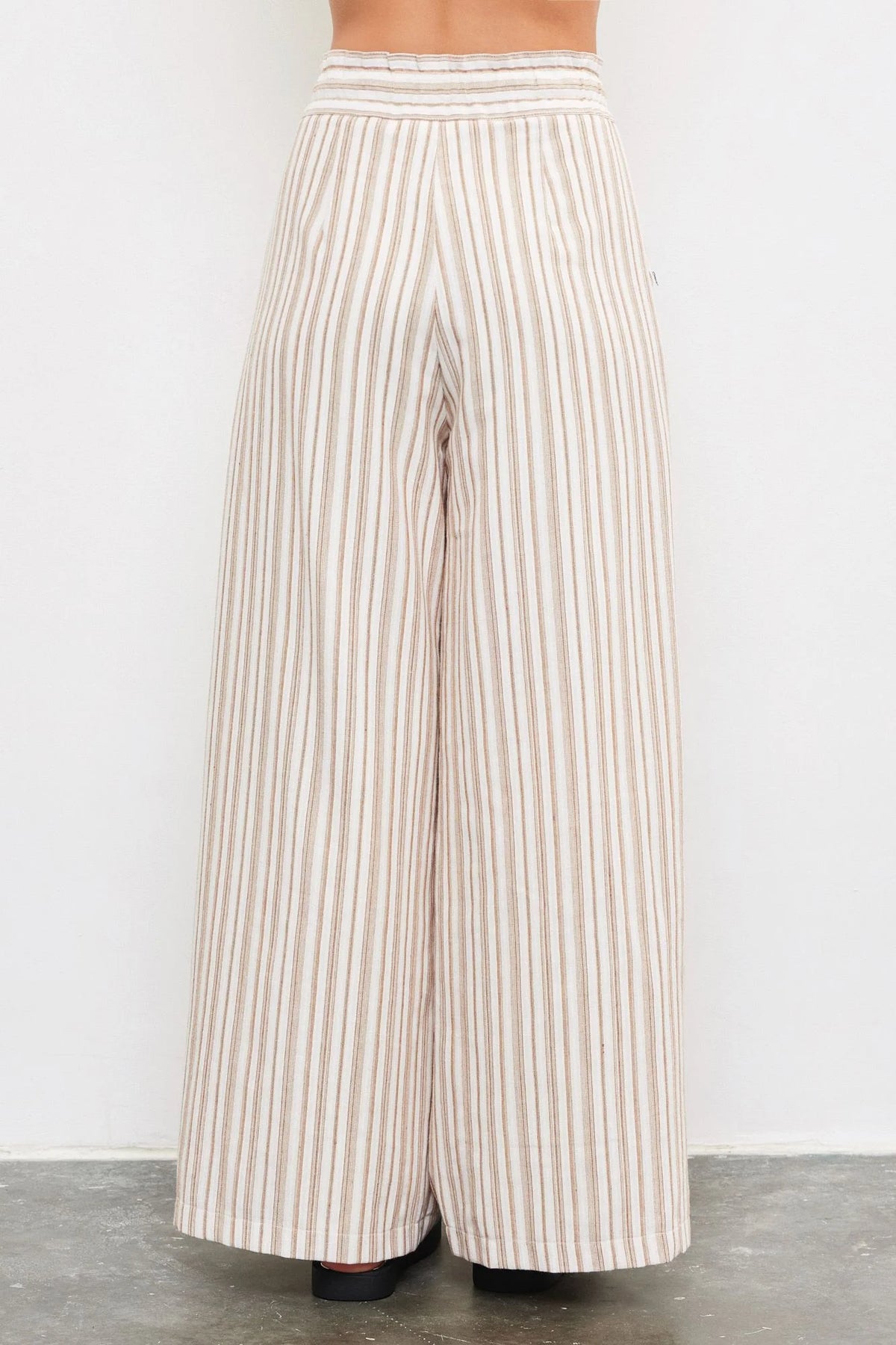 Wide Stripe Pants with Tied Waist Band in Beige and White Vertical Stripes