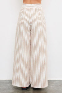 Wide Stripe Pants with Tied Waist Band in Beige and White Vertical Stripes