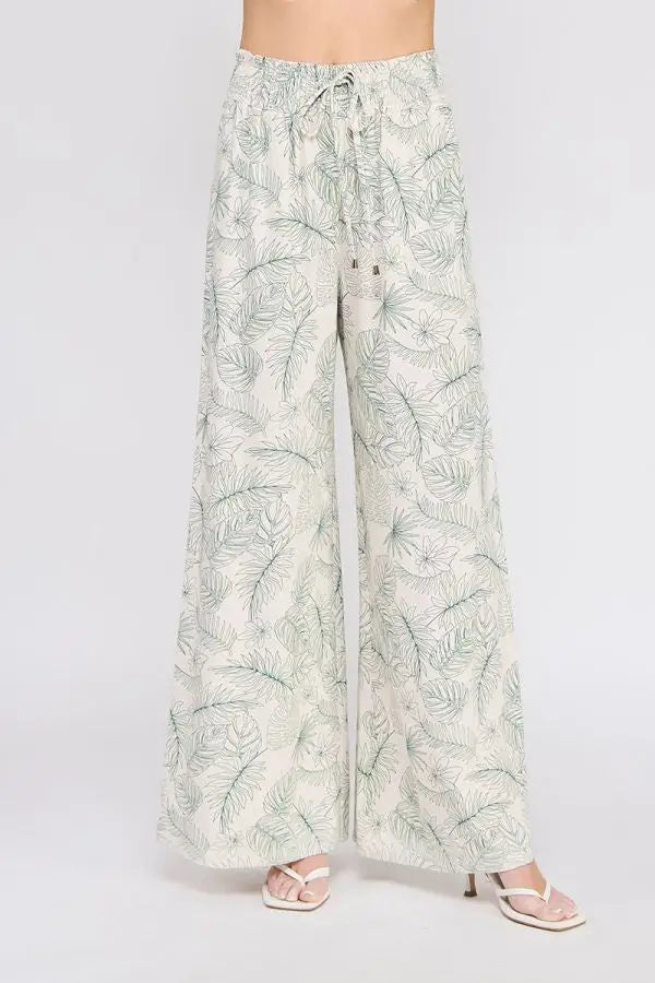 Printed linen smocked tie waist wide-leg pants showcasing comfortable and stylish design