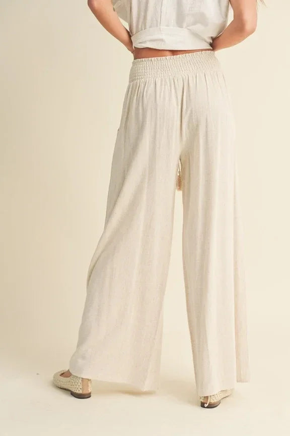 Wide-leg Cotton Linen Smocked Waist Pants with comfortable elastic waistband