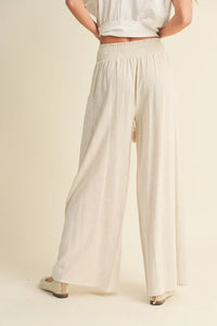 Wide-leg Cotton Linen Smocked Waist Pants with comfortable elastic waistband