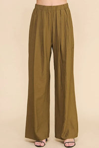 Flowy Textured Soft Pull-On Pants in Olive, showcasing stylish wide leg design