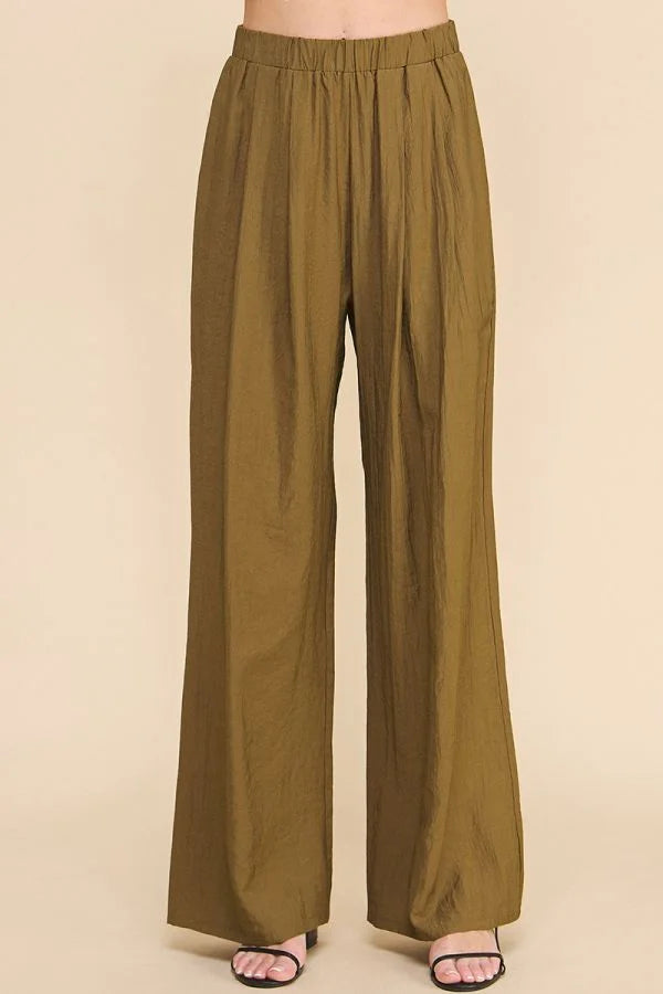 Flowy Textured Soft Pull-On Pants in Olive, showcasing stylish wide leg design