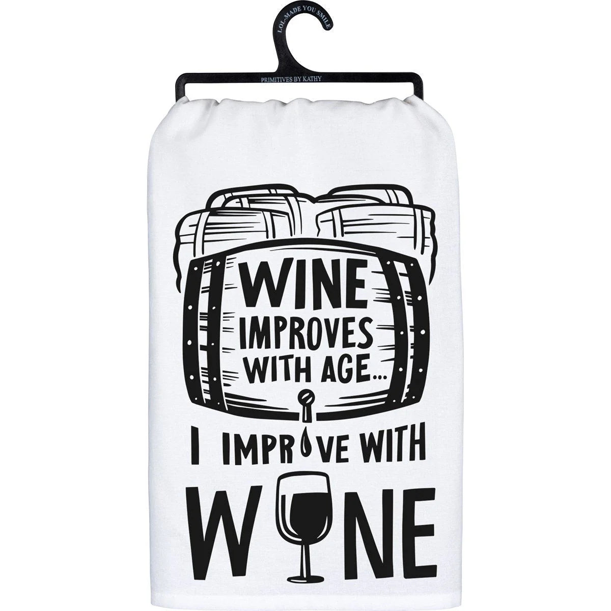 Wine improves with age dish towel featuring wine is the answer wine bag design