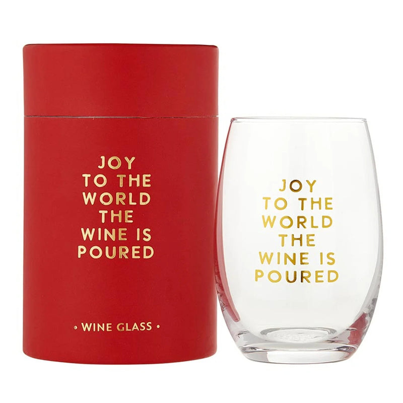 Stemless wine glass with festive gold lettering and elegant red packaging for holiday entertaining