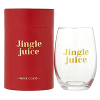 Stemless wine glass with Jingle Juice, elegant gold lettering, and festive packaging