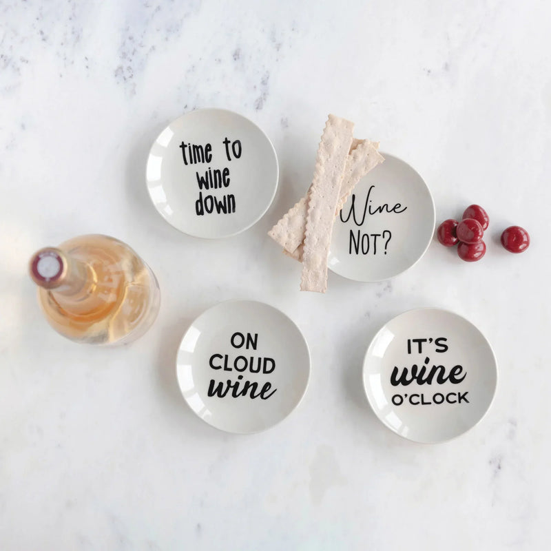 Decorative stoneware dish with wine sayings, perfect for women’s boho chic clothing shopping at Shop Daisy