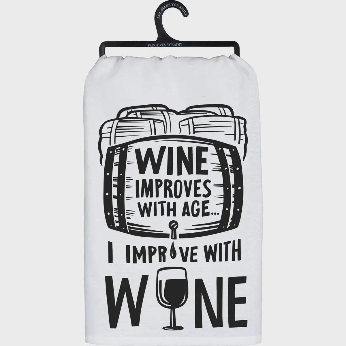 Wine improves with age dish towel featuring wine-themed kitchen decor design