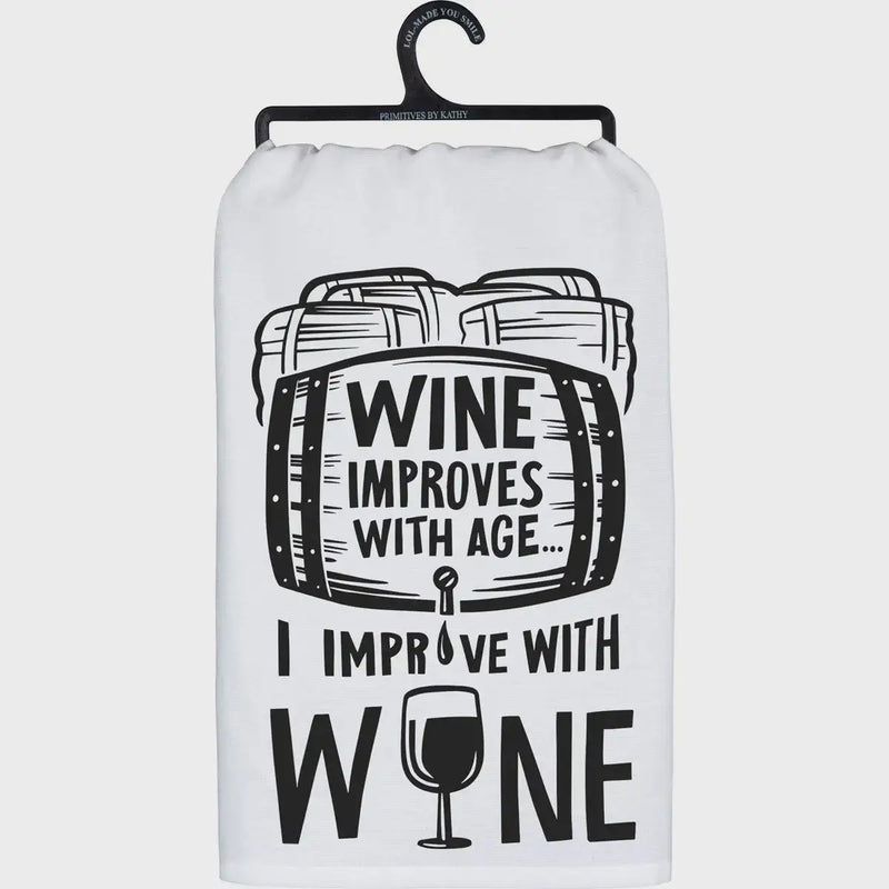 Wine improves with age dish towel featuring wine-themed kitchen decor design