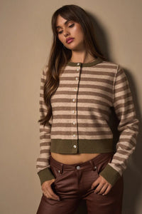 Woman wearing a long sleeve stripe KINT cardigan with beige and brown stripes