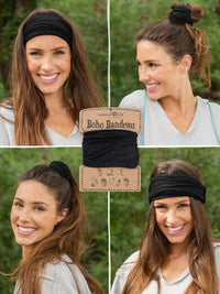 Woman showcasing the FULL BOHO BANDEAU HEADBAND in black, ideal for fashion ensembles