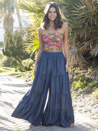 Woman in floral crop top & denim skirt wearing Full Boho Bandeau Headband - Floral Printed Blue Cream