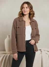 Woman wearing THREAD AND SUPPLY Lois Sweater Jacket in brown teddy-knit over white top