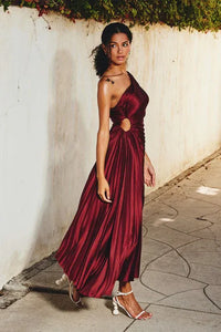 OLYMPIA ASYMMETRICAL PLEATED MAXI DRESS - MERLOT / SMALL