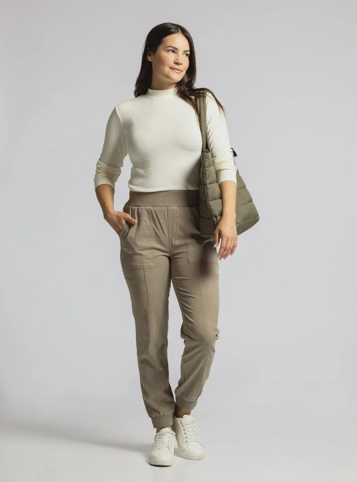 Woman in casual business attire showcasing Utility Pocket Linwood Joggers