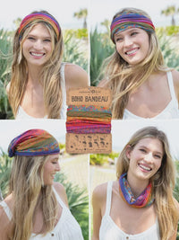 Woman showcasing a FULL BOHO BANDEAU HEADBAND with vibrant rainbow borders