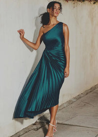 OLYMPIA ASYMMETRICAL PLEATED MAXI DRESS - BLUE SAPPHIRE