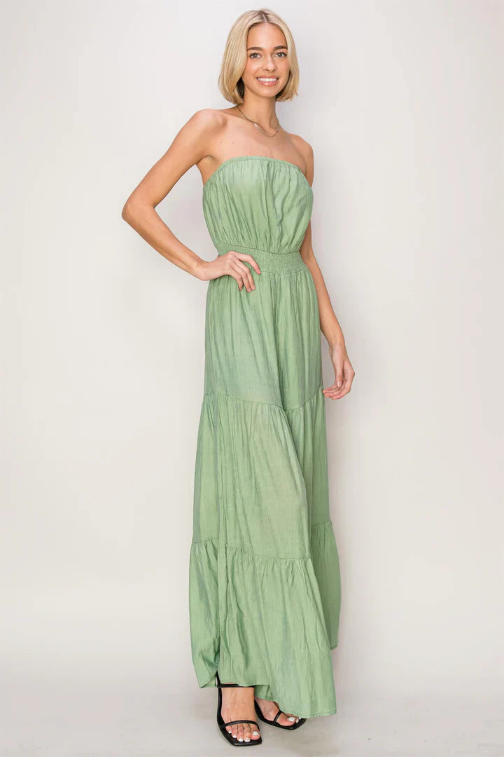 TEXTURED TUBE TIERED JUMPSUIT - GREEN / SMALL - JUMPSUITS