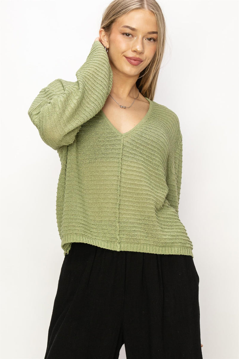 V NECK DROPPED SHOULDER SWEATER - OLIVE / SMALL - SWEATERS